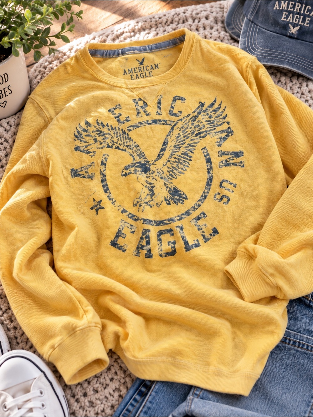 American Eagle Vintage Fit Yellow Waffle Knit Thermal Shirt XL